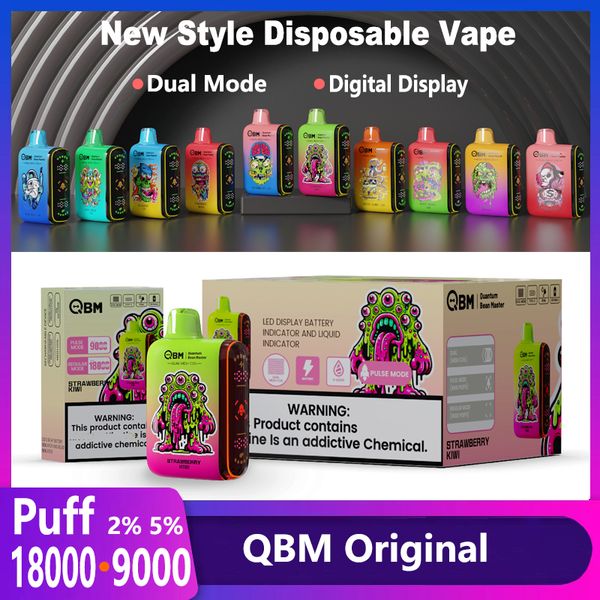 QBM Original Puff 18000 Puff 9000 Vapes Derbitable Vaper Vaper Dual Mode Affichage numérique E Cigarette 9K Puffle 18K Puffes Puffes régulières 18 ml Pod Vape Vape Vapor