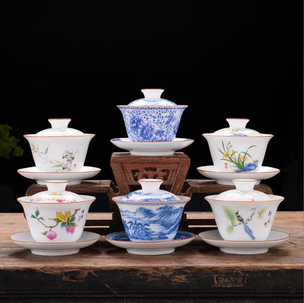 Recipiente para té Gaiwan Dehua Tea Sancai, cuenco individual pintado a mano, cubierta con patrón tradicional chino