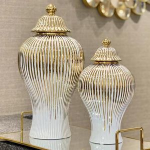 QBSOMK keramische gemberpot gouden strepen decoratieve jar vaas porseleinen opslagtank met deksel handwerk thuisdecoratie