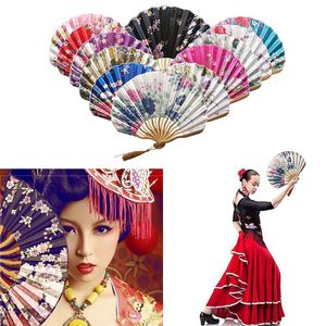 Éventail pliant à la main Style Vintage bambou bois fleur de soie japonais chinois artificiel rose mariage fille homme danse décorer la maison