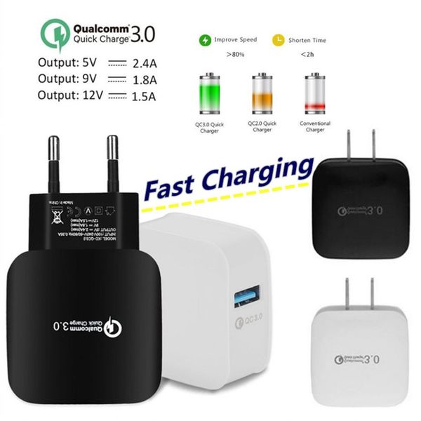 QC 3.0 Chargeur rapide USB Charge rapide 5V 2,4A 9V 1,8A Adaptateur secteur de voyage mural Charge rapide Prise US EU pour iPhone 7 8 X Samsung S8 S9 Plus