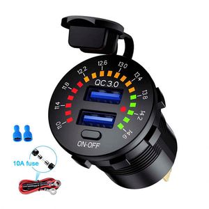 QC3.0 36W 6A Dual USB -lader Socket Voltmeter Schakelaar Waterdicht USB -uitlaat Fast Charger voor 12V autobooster Motorfiets vrachtwagen Golf