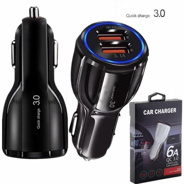 Cargador de coche rápido Qualcomm QC3.0 3.1A para iPhone 7 8 X 11 12 13 Pro Max y Samsung Phone Dual USB carga rápida 3.0 cargadores de adaptador de carga rápida con caja de venta al por menor