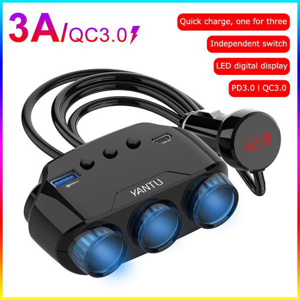 QC3.0 voiture allume-cigare séparateur de prise double Port USB 12V-24V 3 voies affichage moniteur adaptateur DC 5V 3A pour tous les téléphones PC