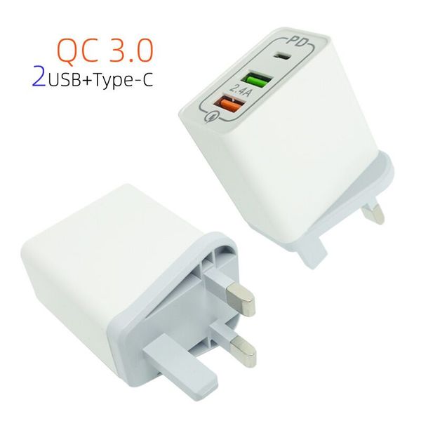 QC3.0 cargador rápido 2.4A Tipo-C 3 USB de carga Adaptador de enchufe del Reino Unido Teléfono móvil de pared para Samsung Xiaomi Huawei