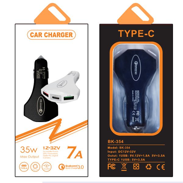 QC3.0 – chargeur de voiture à 3 ports, charge rapide, 7A, 35W, Type c, marteau de sécurité, pour samsung pc, mp3, téléphone android