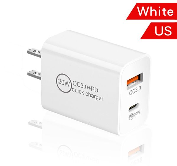 QC3.0 Chargeur rapide USB Type-C PD Charge rapide 20W US EU PLIGE MURS DOUBLE PORT 5V / 3A 9V / 2A 12V / 1.5A pour la tablette de téléphone portable