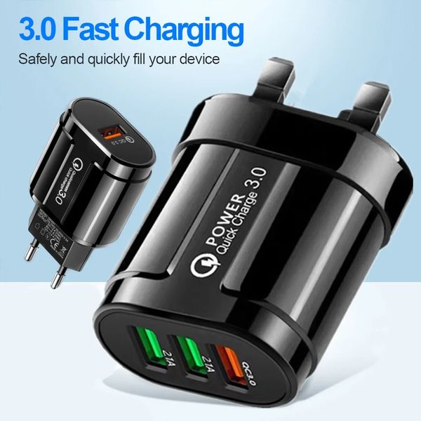 Cargador USB QC3.0 28W 3 puertos USB Adaptador de carga rápida QC 3.0 UE EE. UU. Reino Unido Enchufe de pared Teléfono móvil Cargador de pared para el hogar Adaptador de viaje para iPhone para Samsung Quick Charge 3.0