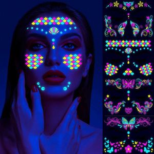 Qeoa Tatouage Transfert fluorescent Halloween Face Tattoo Autocollant papillon rose faux tatouage UV Glow in the Dark Festival Masquerade Party Body Sticker 240426