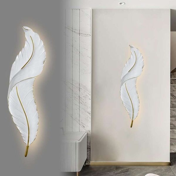 Lampe d'applications murales à LED QEpeety avec conception de plumes blanches - 3 niveaux de luminosité de température de couleur - luminaire en résine moderne pour le couloir, l'entrée, le salon (grand)