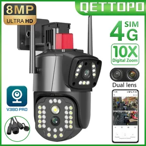 Qettopo 4K 8MP 4G tarjeta SIM doble lente cámara PTZ pantalla AI seguimiento humano WIFI seguridad CCTV vigilancia IP V380 PRO