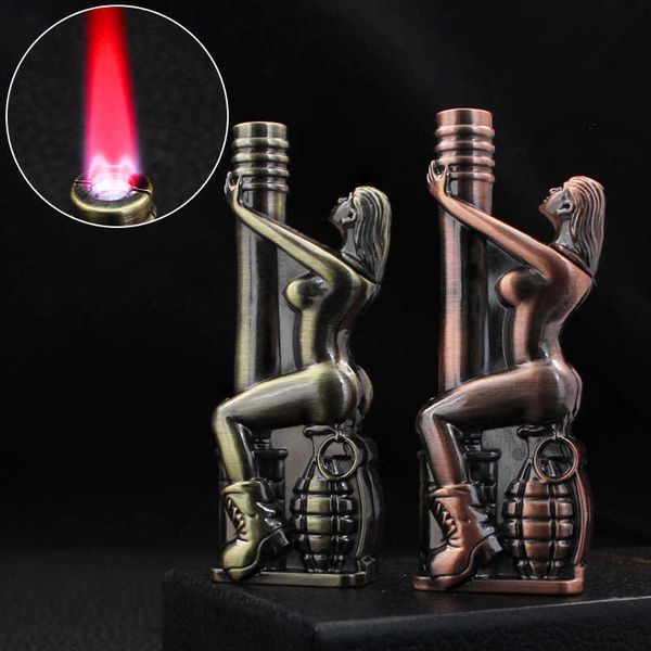QH84 креативная красивая зажигалка для гранат с металлическим орнаментом, ветрозащитная надувная зажигалка с красным пламенем, набор для курения