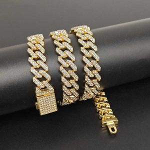 Qiankumei Hip-hop Allaire zinc alliage de 12 mm de large couverture de diamant à diamant Gold Gold Large Gold Chain Cuban Collier Collier