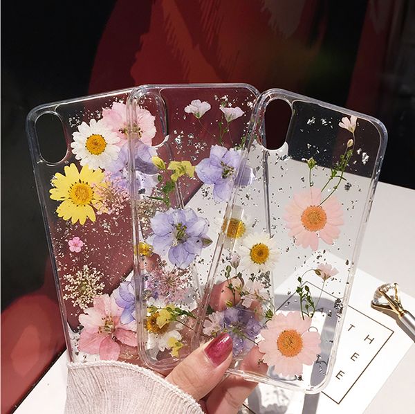 Qianliyao-fundas de teléfono transparentes con flores secas, lámina plateada para iPhone 13, 12, 11 Pro Max, XS, XR, X, 6S, 7, 8 Plus, SE, funda de silicona suave