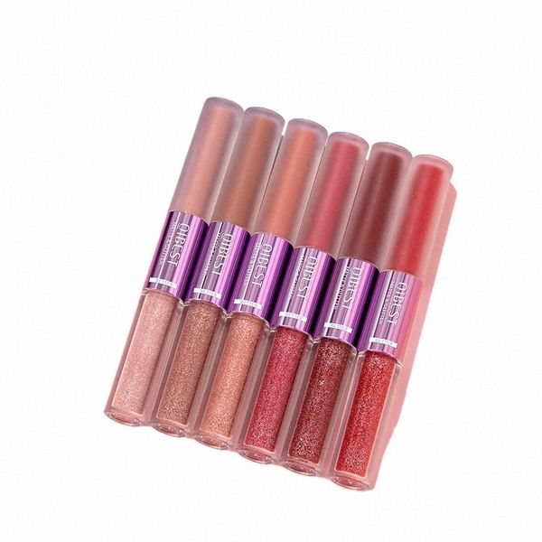 Qibest Juegos de maquillaje de labios 2 en 1 Lápiz labial líquido mate de doble cabeza Brillo de labios Brillo de labios Hidratante brillante Esmalte de labios Lg Tinte duradero P6JL #