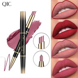 Qic qini kleur dubbele kopstift lippenstiftpen waterdicht en make -up met twee in één dunne buis mond rode liplijn pen