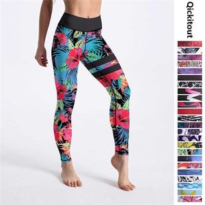 Qickitout energieke vrouwen leggings jungle bloemen met streep patroon afgedrukte legging hoge taille enkel lengte bodemdruppel schip 211204