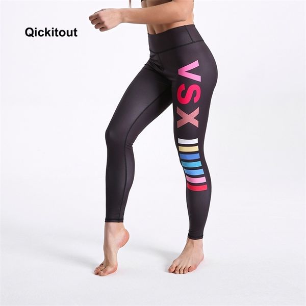 Qickitout Summer Femmes Leggings Fond noir Lettre colorée imprimée Taille haute Pantalon long Sexy Casual 210925