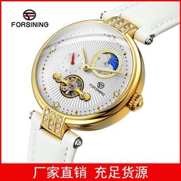 Qifusini New Womens Foreign Trade Tourbillon Hollow Automatic Celt mécanical montre une pièce Drop Wrists245o