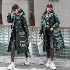 Qingwen mode Parka à capuche brillant couleur unie longue coton matelassé veste femmes hiver grande taille matelassé doudoune femme 2022 L220725