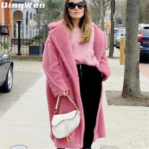 Qingwen vêtements d'hiver femmes épais chaud surdimensionné Long manteau de fourrure d'agneau rose ours en peluche manteau veste d'extérieur 2021 Parka L220725