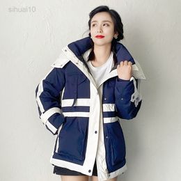Qingwen Winter Parka Dames Middenlengte kleuraanpassing Tooling Jacket Witte Duck Down Fashion Loose Jacket Casaco Feminino Inverno L220725