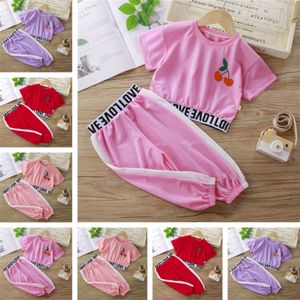 Qinn bébé enfants Vêtements d'été serrés mignons imprimé cerisier T-shirt à manches courtes Lantern Suit de mode High Waist Pants Hot Girls Two-Piece SetS pendant 1 à 8 ans