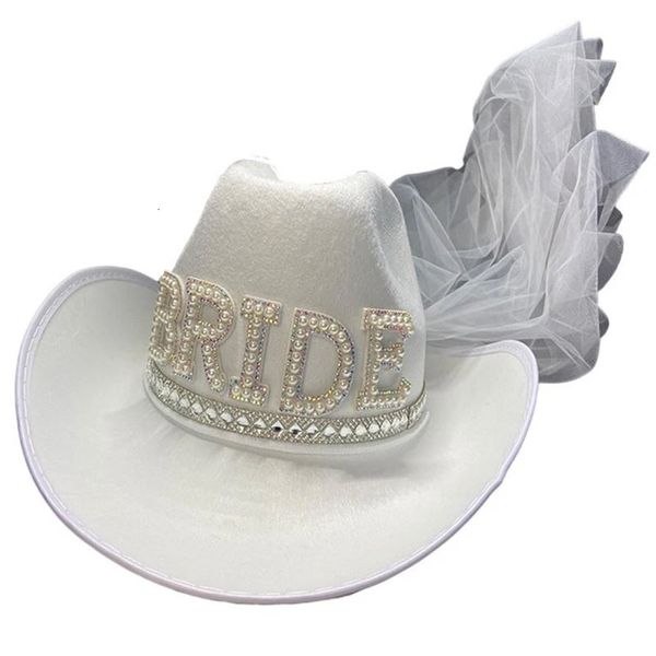 Qisin Chapeaux de mariée Blanc Diamant Fringe Mariée Cowgirl Chapeau Mme Cowboy Chapeau Demoiselle D'honneur Cadeau Mariée Été Country Western Chapeau 231225