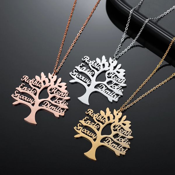 Qitian personnalisé personnalisé arbre de vie collier avec 1-6 noms en acier inoxydable pendentif chaîne famille bijoux femmes cadeau de noël 240115