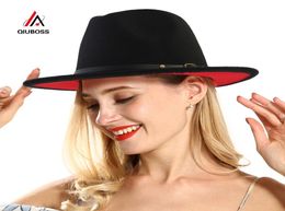 QIUBOSS 60 CM Tamaño de cabeza grande Negro Rojo Patchwork Lana Fieltro Jazz Fedora Sombreros Gorras de ala ancha Panamá Trilby Cap para hombres Mujeres T2001189159338