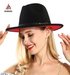 QIUBOSS 60 CM Tamaño de cabeza grande Negro Rojo Patchwork Lana Fieltro Jazz Fedora Sombreros Gorras de ala ancha Panamá Trilby Cap para hombres Mujeres T2001185444584