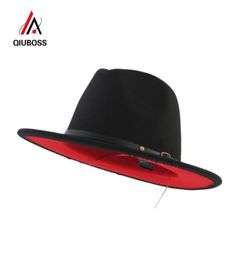 Qiuboss Black Red Patchwork Wool Filt Jazz Fedora Hats Belt Buckle Decor Women unisex brede riem Panama Trilby Cowboy Cap Sunhat T22314945