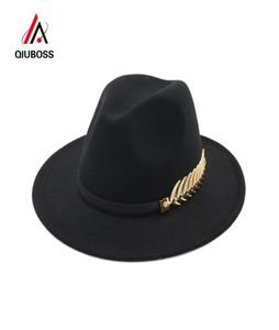 Qiuboss Trend Solid Color Men Women Wol Filt Panama Hat Fedora Caps Leather Band Metal Leaves Patroon Black Jazz Trilby T2001188579265