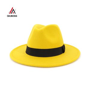 Qiuboss trend unisex wollen jazz fedora mutsen casual mannen vrouwen lint band brede rand vilten hoed Panama trilby formele partij cap y200110