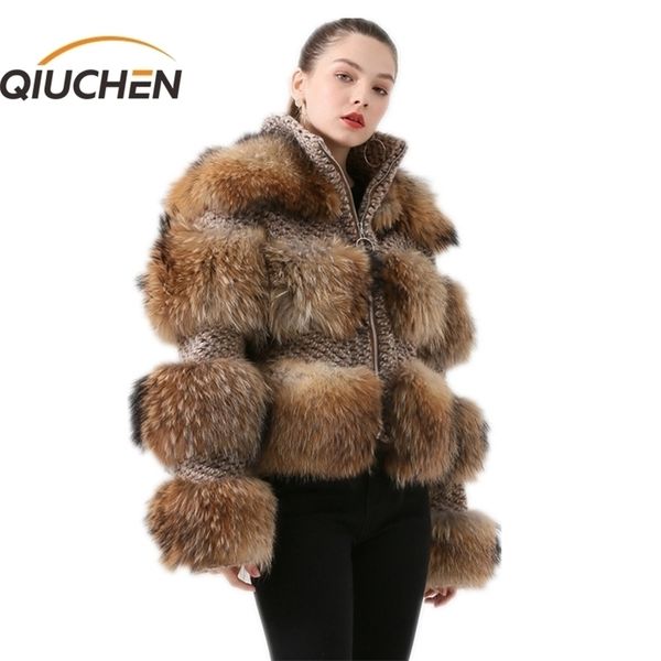 Qiuchen PJ19017 Veste d'hiver Femmes Parka Manteau de fourrure véritable Fourrure de raton laveur naturel Hiver Femmes Manteau Bomber Veste Streetwear 201126