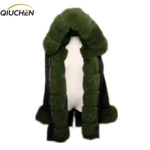 Qiuchen PJ6004 Parka en fourrure véritable avec capuche en fourrure de renard véritable et patte de boutonnage longue modèle femme veste noire avec doublure en fourrure de lapin rex 201125