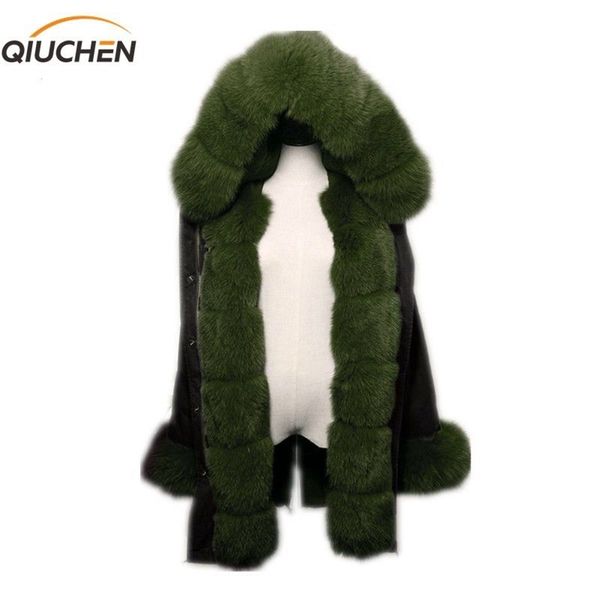 Qiuchen PJ6004 Parka en fourrure véritable avec capuche en fourrure de renard véritable et patte de boutonnage longue modèle femme veste noire avec doublure en fourrure de lapin rex 201103