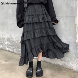 Qiukichonson Midi jupes longues femmes Maxi jupe Goth Lolita été taille haute asymétrique bas froncé à volants rok W220426