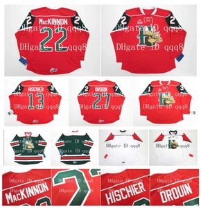 Maillots de la LHJMQ Halifax Mooseheads 22 NATHAN MacKINNON 13 NICO HISCHIER 27 JONATHAN DROUIN Rouge Blanc Vert100% Couture Maillots de hockey personnalisés