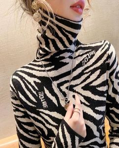 QNPQYX 2021 Nieuwe pullover lente herfst vrouwen gebreide Turtleneck trui casual jumper zebrapatroon letter print slanke truien9149503