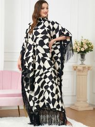 QNPQYX Abaya femmes musulmanes mode gland imprimé zèbre manches chauve-souris noir Abaya Caftan Marocain turquie robe Islam Ramadan