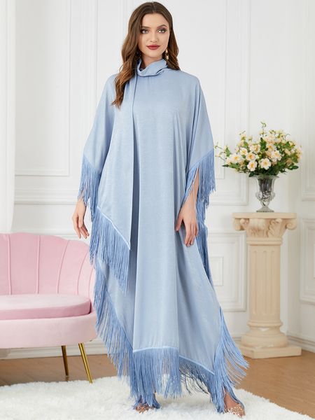 QNPQYX Abaya mujeres musulmanas borla vestido de manga de murciélago cuello alto Casual suelto de gran tamaño dobladillo Irregular bata caftán marroquí Ramadán