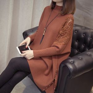 QNPQYX Autumn Winter Nieuwe losse trui jas dames halfhoge kraag pullovers wrap swing swing kralen jumpers