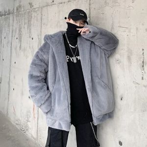 QNPQYX Faux konijnenbont jas voor heren modetrends fleece kleding tiener harajuku stijl hiphop jassen met capuchon oversized streetwear