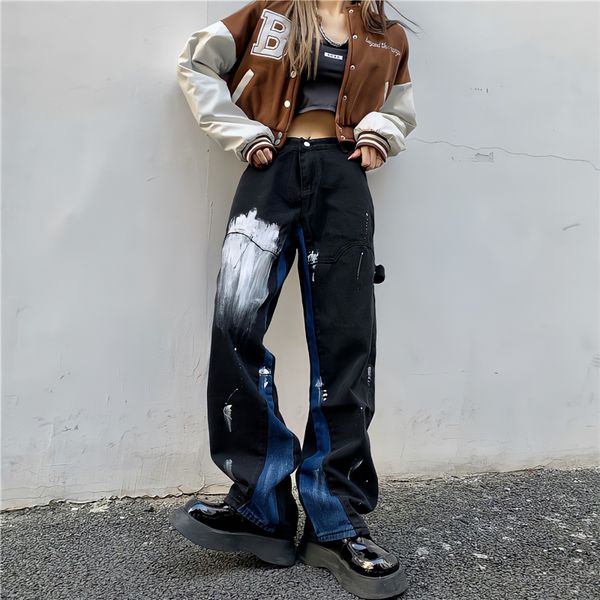 QNPQYX Style Gothique Noir Baggy Jeans Femme Graffiti Peinture Vintage Pantalon Streetwear Y2k Oversize Taille Haute Jambe Large Denim Pantalon