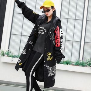 QNPQYX Graffiti Trench Coat Fille Nouveau Vêtements D'extérieur Militaires Femme VESTES Dessin Animé Imprimé Femme Winderbreaker Noir Pardessus Pour Femmes Vêtements