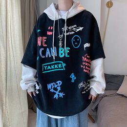 QNPQYX Hooded Sweater Men Koreaanse versie losse trend afdrukken met lange mouwen Top Ins herfst en wintertijmerk Hip Hop Fake Twee stukken