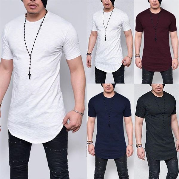 QNPQYX hommes Rock T-shirt longueur étendue longue ligne T-shirt vêtements pour hommes ourlet incurvé Hip Hop Streetwear vêtements couleur unie T257w