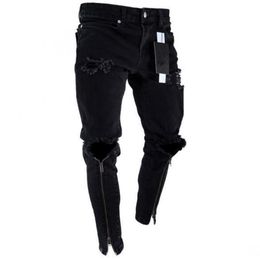QNPQYX Hommes Zipper Holes Designer Jeans Noir Déchiré Slim Fit Represen Crayon Pantalon Multi Style224k