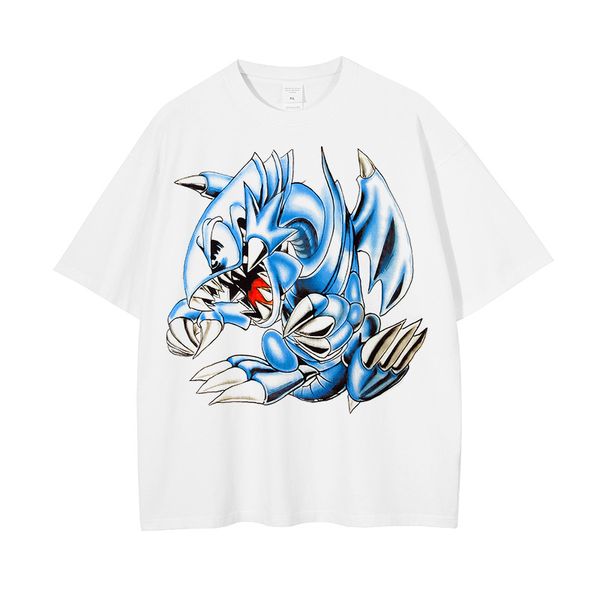 QNPQYX Anime nuevo dolor impreso gráfico camisetas Heavy Street hombres RetroTops Camisetas cuello redondo Harajuku StreetwearHip Hop hombre Yu Gi Oh dibujos animados